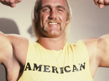 A portrait photograph of Hulk Hogan flexing his muscles.