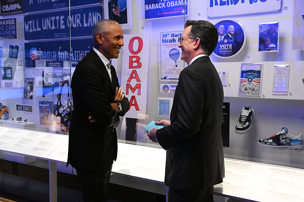 President Barack Obama and Stephen Colbert on The Late Show with Stephen Colbert on May 5, 2026, in New York City.