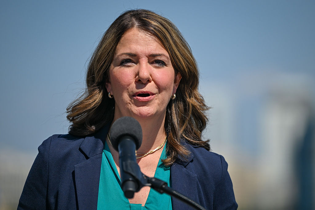 Alberta Premier Danielle Smith addresses the media in Edmonton on July 18, 2025.