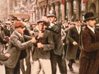 An image of striking workers and police from the May 1926 general strike in London, England. 