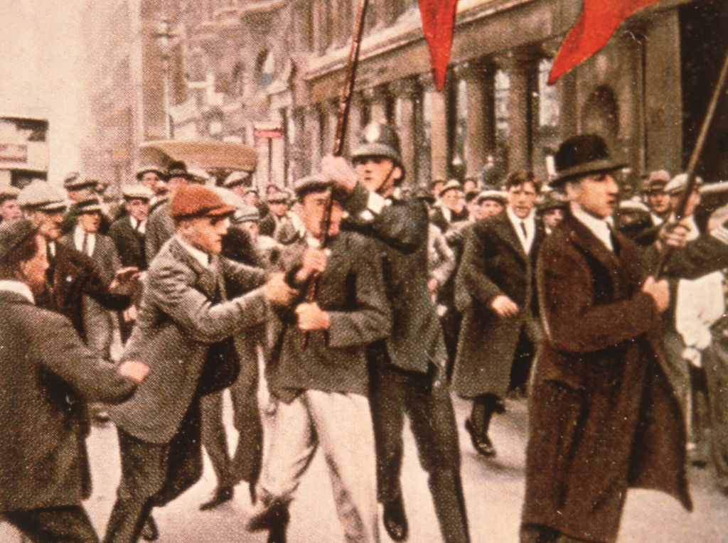 An image of striking workers and police from the May 1926 general strike in London, England. 