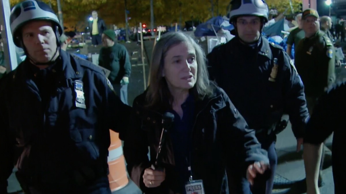 Amy Goodman, producer and host of Democracy Now!, being restrained by police.