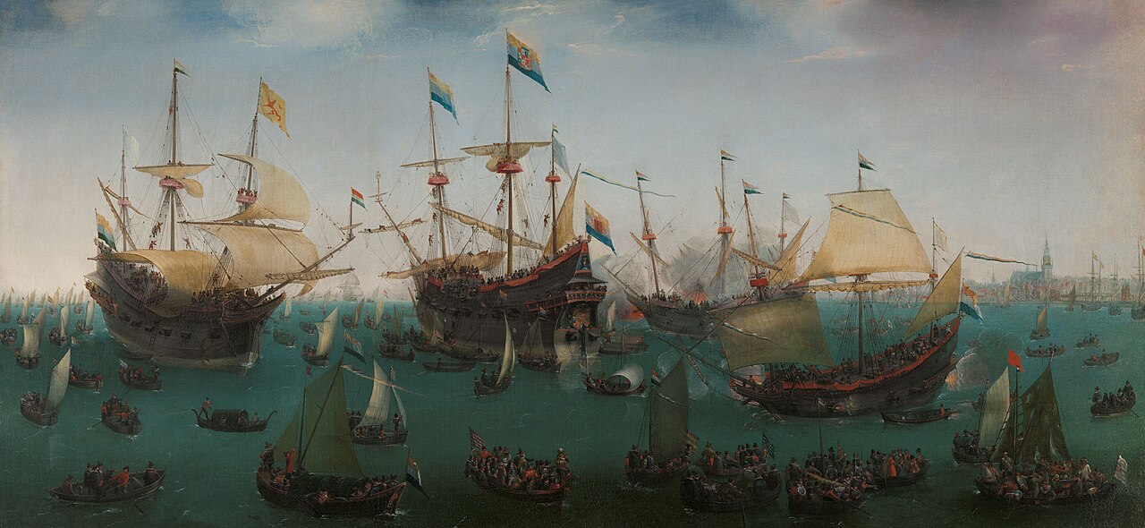 A painting by Hendrik Cornelisz Vroom depicting the return to Amsterdam of the second Dutch expedition to the East Indies, under the leadership of Jacobus van Neck, on July 19, 1599.