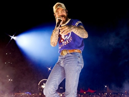Post Malone performs on stage at Coachella Music Festival in Indio, California, on April 13, 2025.