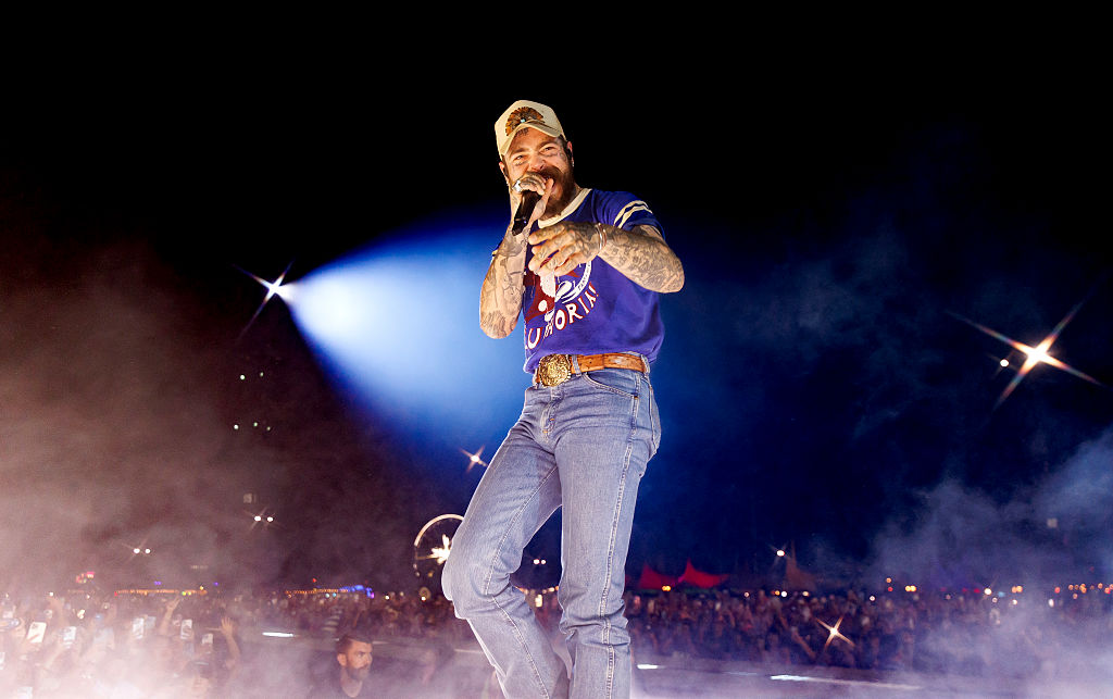 Post Malone performs on stage at Coachella Music Festival in Indio, California, on April 13, 2025.