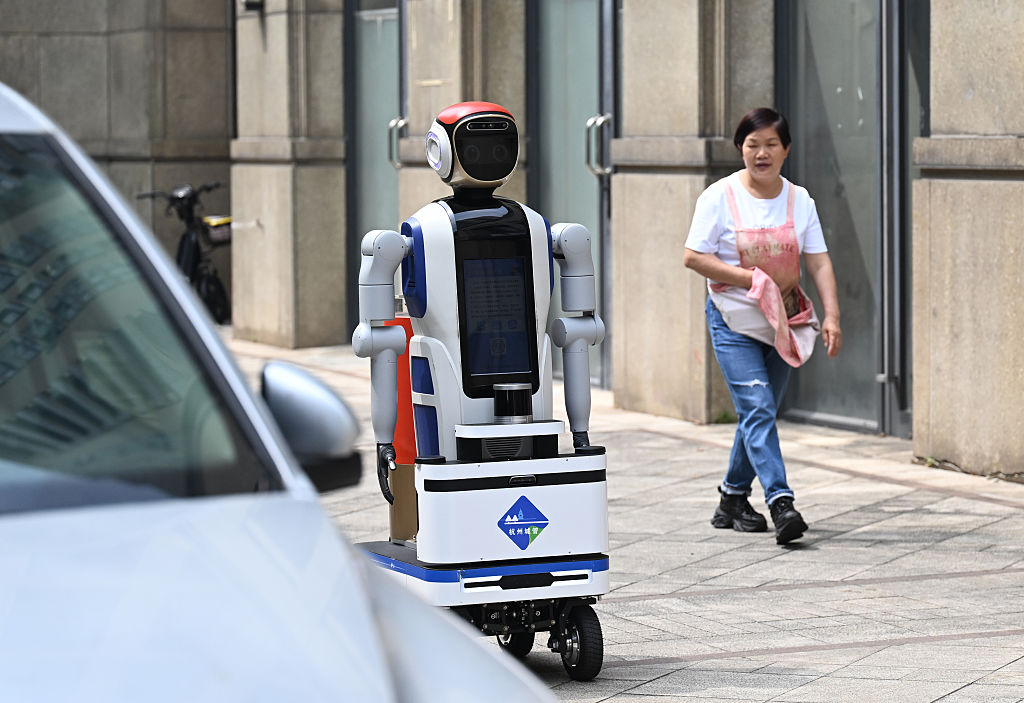 A traffic robot is on duty on the street on May 13, 2026, in Hangzhou, Zhejiang Province of China.