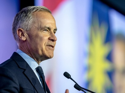 Canada's Prime Minister Mark Carney speaks during an event at the Airbus A220 delivery center in Mirabel, Quebec.