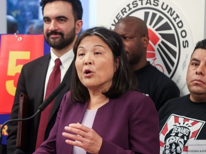 Julie Su, first deputy mayor for economic justice of New York, center, and Zohran Mamdani, mayor of New York, center left, during a news conference in the Brooklyn borough of New York, on Thursday, January 15, 2026.