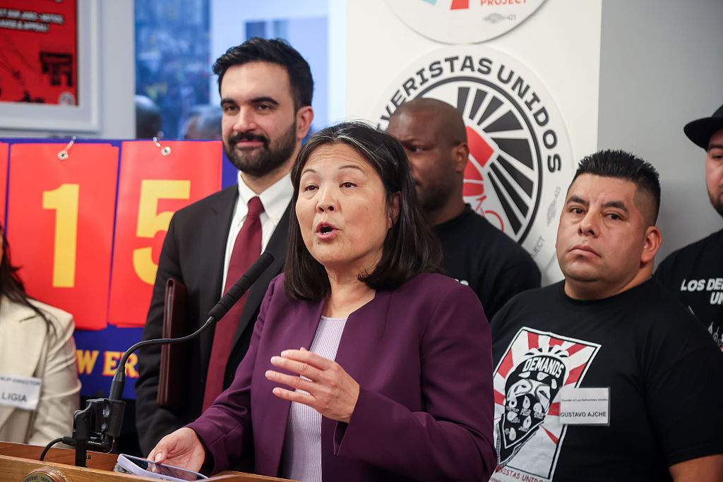 Julie Su, first deputy mayor for economic justice of New York, center, and Zohran Mamdani, mayor of New York, center left, during a news conference in the Brooklyn borough of New York, on Thursday, January 15, 2026.
