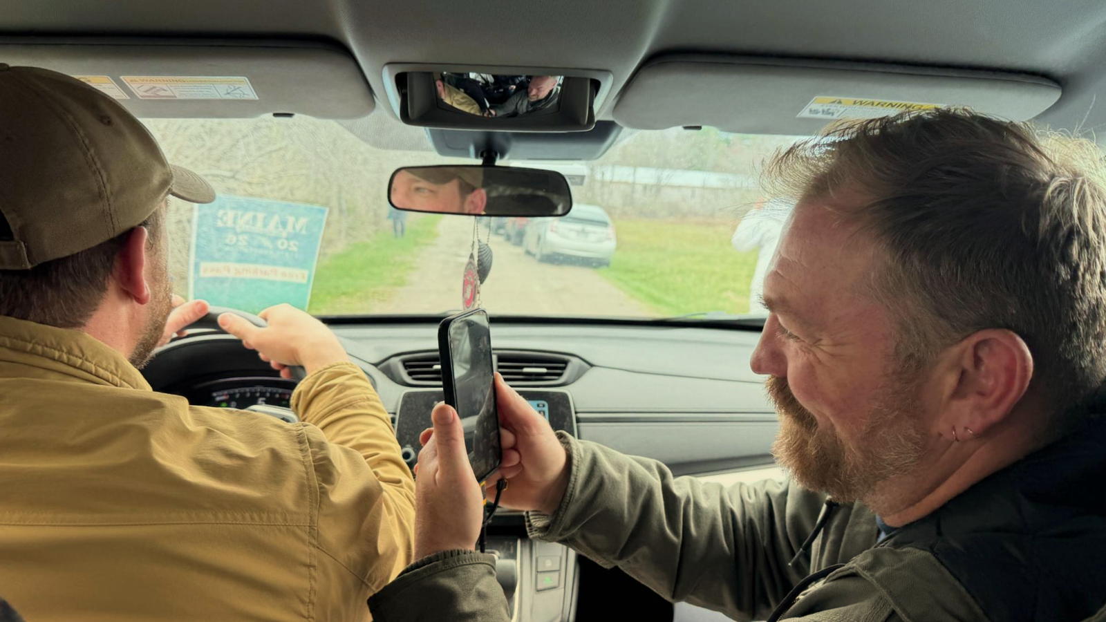 Graham Platner on a video call on the drive to Appleton, Maine, May 2, 2026.