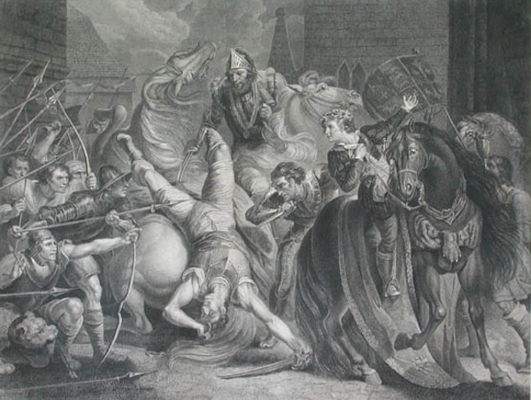 An engraving representing the death of English peasant rebellion leader Wat Tyler. 