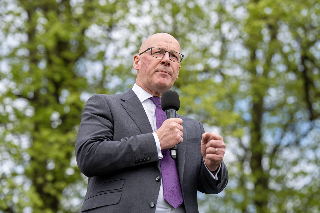 First Minister and Scottish National Party leader John Swinney delivers an election eve speech in Edinburgh.