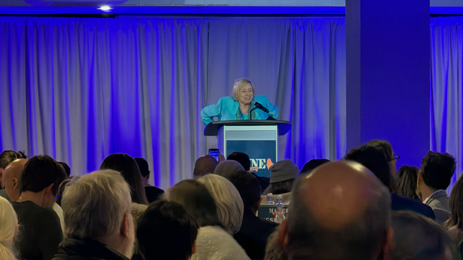 Gov. Janet Mills speaks at the Maine Democratic Party dinner on May 1, 2026.