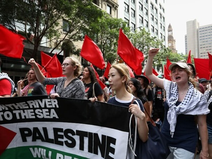 Pro-Palestine protesters march through the Central Business District (CBD) on February 22, 2026, in Sydney, Australia.