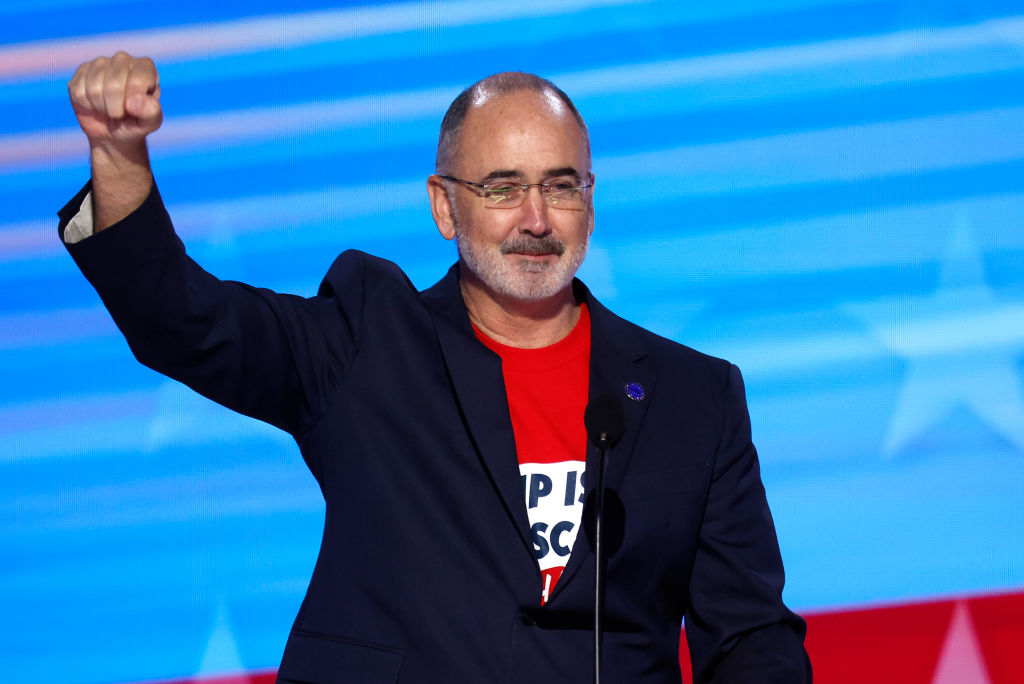 United Auto Workers President Shawn Fain speaks onstage during the first day of the Democratic National Convention at the United Center on August 19, 2024, in Chicago, Illinois.