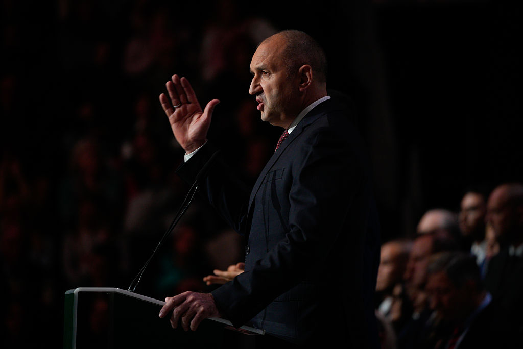 Bulgaria's newly elected premier Rumen Radev addresses a crowd at a campaign rally in Sofia. 