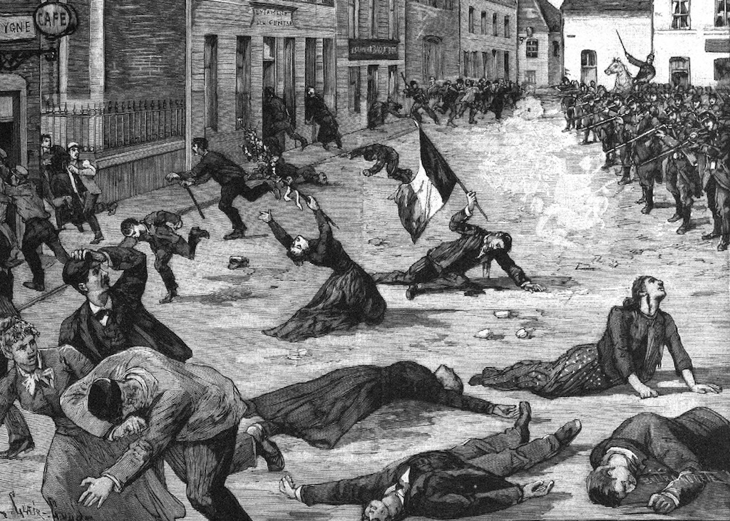 An engraving of the Fourmies massacre in France, with people in despair, one holding a French flag, with soldiers pointing their guns at them.