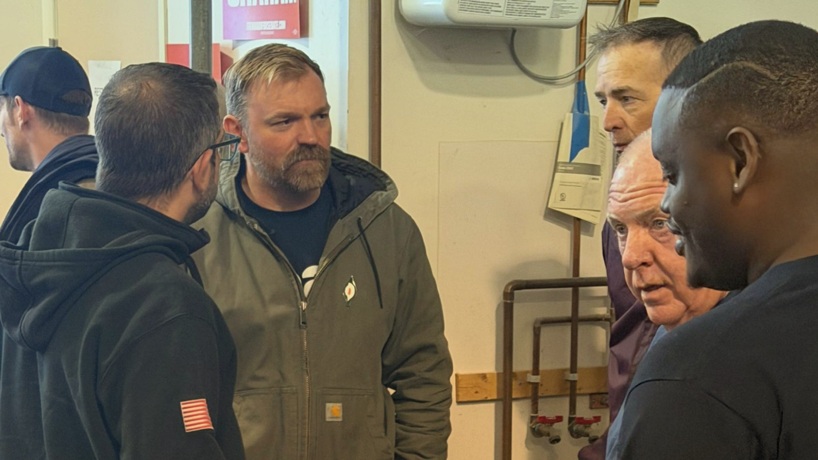 Graham Platner meets with carpenters in Portland, May 2, 2026.