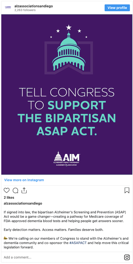 Alzheimer’s Association chapter promoting the ASAP Act on Instagram.