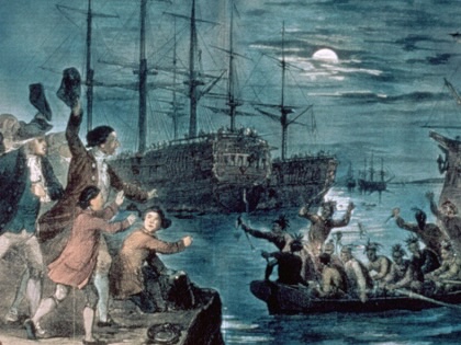 A painting depicts the 1773 Boston Tea Party.