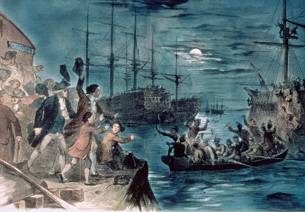 A painting depicts the 1773 Boston Tea Party.