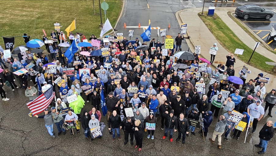 A bird's eye view of a group of striking nurses.