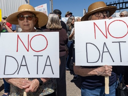 Protesters gather ahead of a Box Elder County Commission meeting to decide whether to approve the construction of a large data center on May 4, 2026, in Tremonton, Utah.
