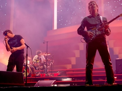 The Strokes perform at the Coachella Stage during the Coachella Valley Music and Arts Festival at the Empire Polo Club on Saturday, April 11, 2026, in Indio, California.