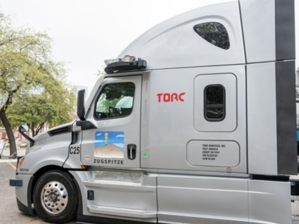 Prototype model of a Torc Robotics self-driving truck with LIDAR and other sensors visible, Austin, Texas, March 11, 2023.