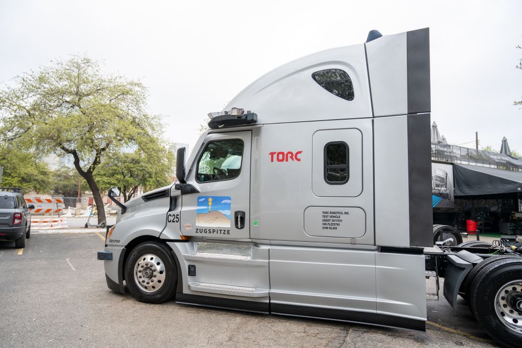 Prototype model of a Torc Robotics self-driving truck with LIDAR and other sensors visible, Austin, Texas, March 11, 2023.