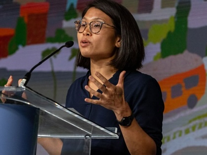 Rae Huang participates in a debate with other candidates for mayor of Los Angeles.
