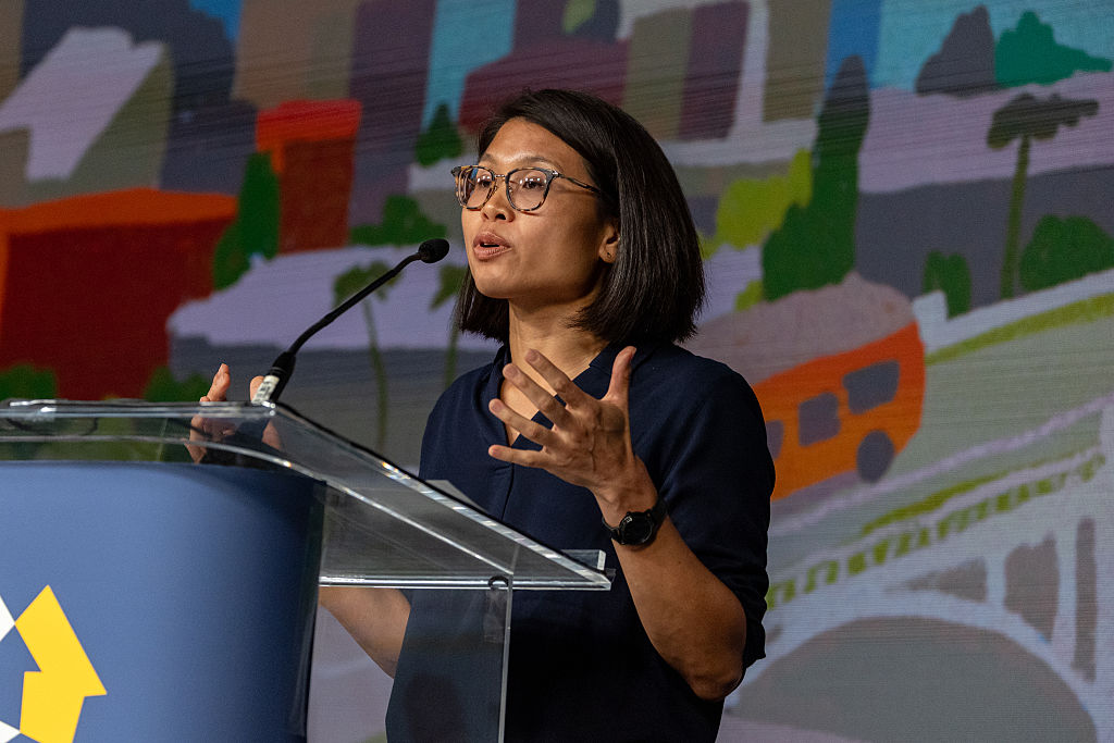 Rae Huang participates in a debate with other candidates for mayor of Los Angeles.