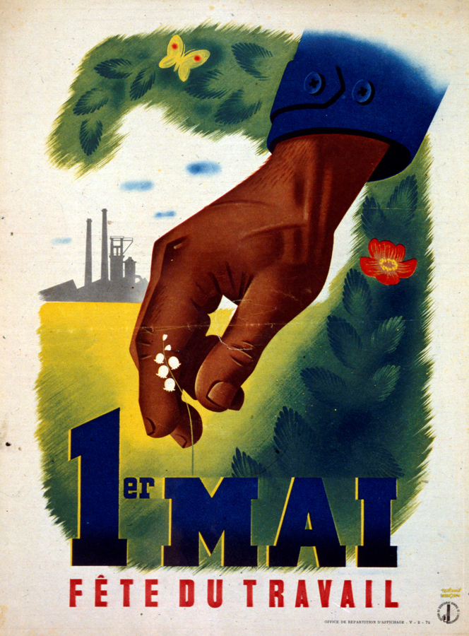 A poster of a hand reaching down to pluck a lily of the valley, with a factory in the background, it reads, 