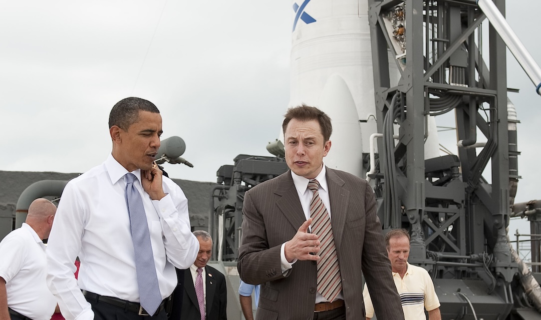 President Barack Obama tours the commercial rocket processing facility of SpaceX along with Elon Musk at Cape Canaveral Air Force Station, Cape Canaveral, Florida, on Thursday, April 15, 2010.