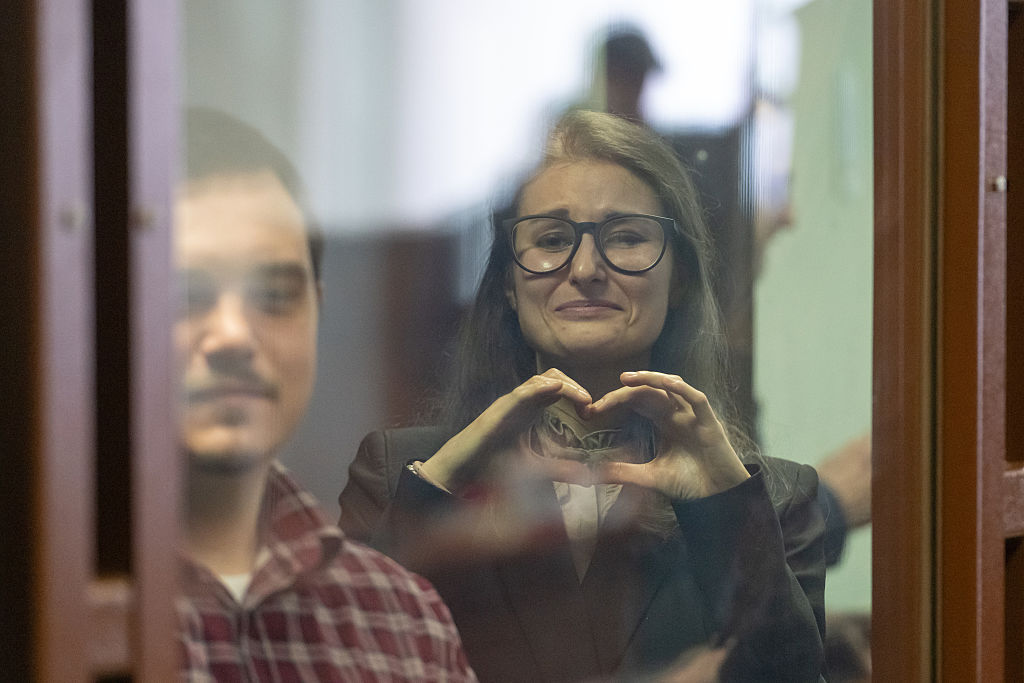 Antiwar activists Yevgeny Zateyev and Anna Arkhipova attend their sentencing hearing for dissident activity. 
