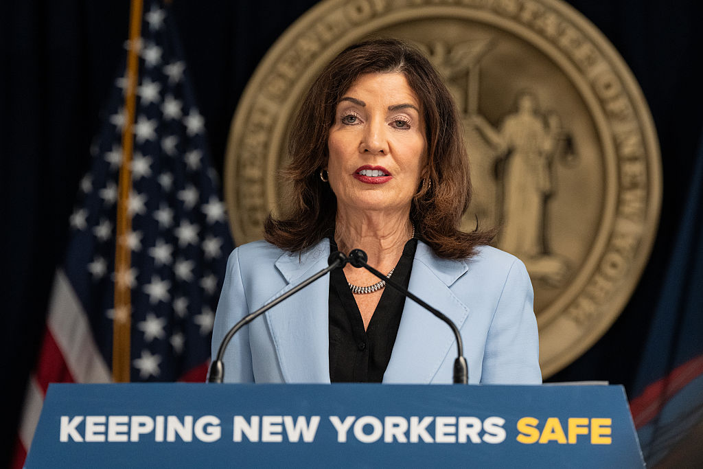 Governor Kathy Hochul speaks at the governor’s office in New York as she announces her proposal for the state budget.