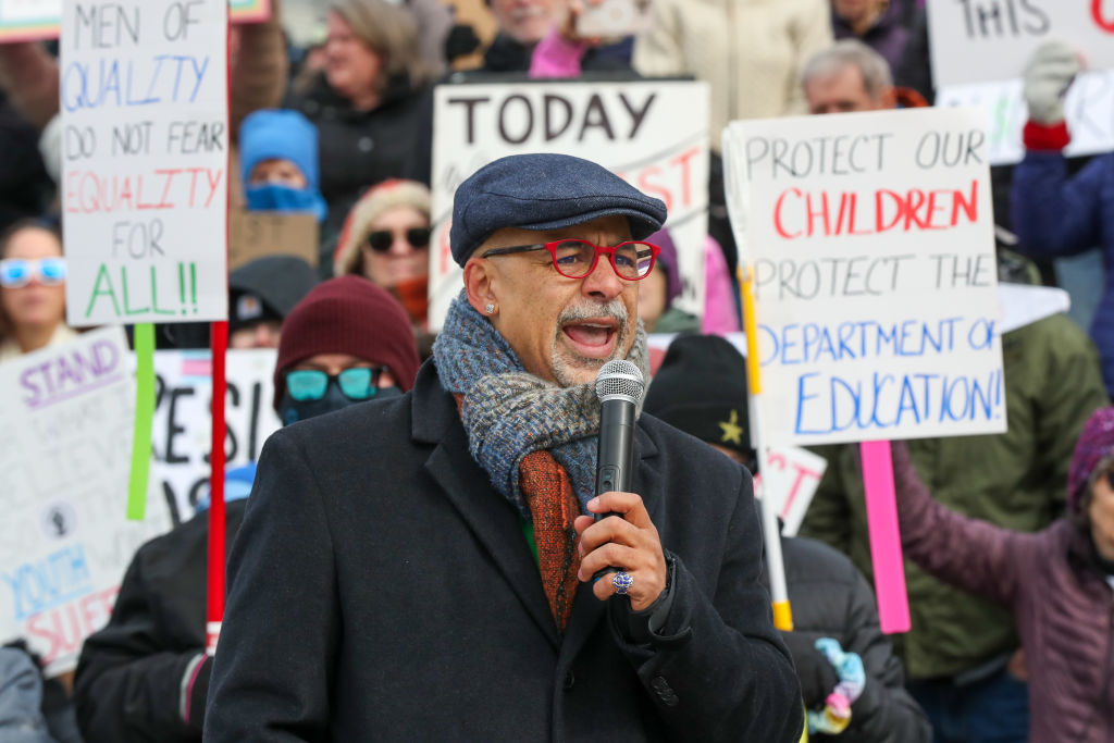 Pennsylvania State Rep. Chris Rabb speaks during a 50501 protest outside of the Pennsylvania Capitol on February 5, 2025, in Harrisburg, Pennsylvania.