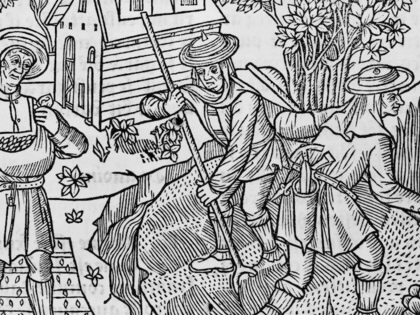 Woodcut showing farmers harvesting crops, 1296, by Pietro de' Crescenzi.