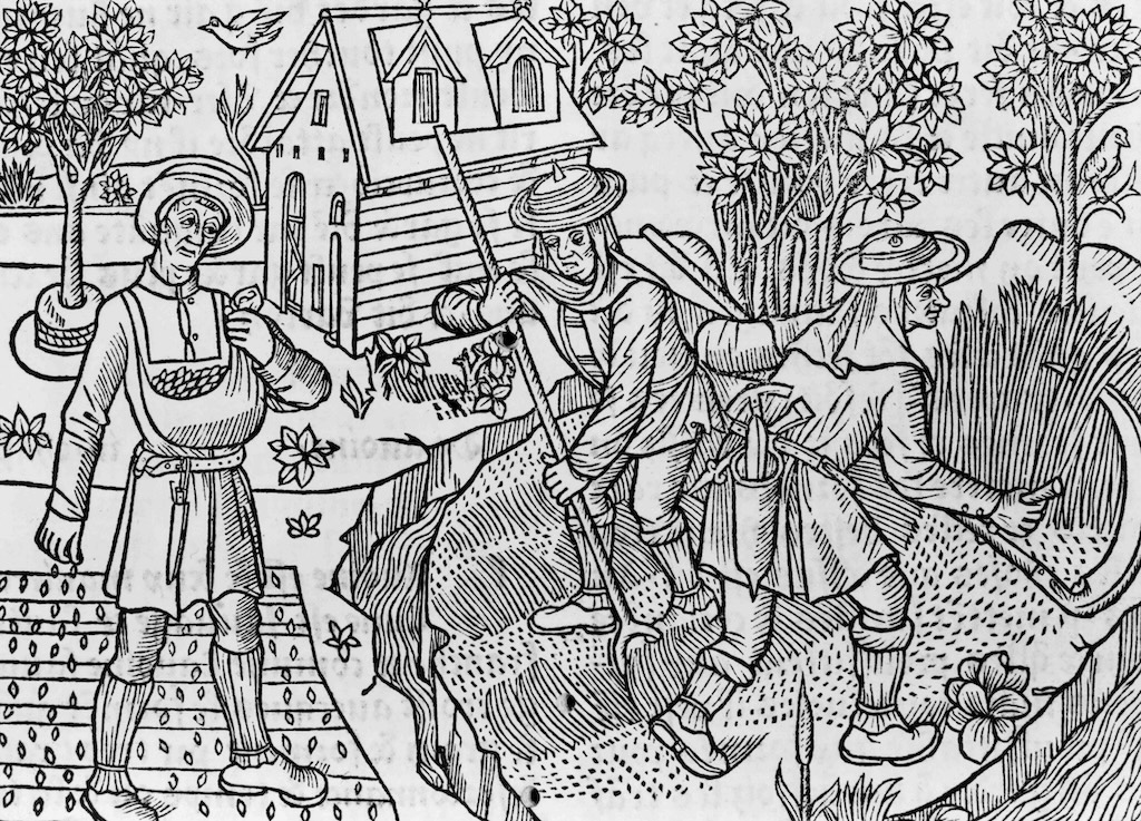 Woodcut showing farmers harvesting crops, 1296, by Pietro de' Crescenzi.