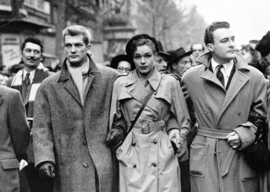 French actors Jean Marais, Simone Signoret, and Roger Pigaut attend a 1948 demonstration  in Paris. 