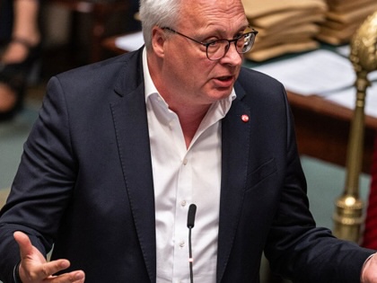Belgian MP Peter Mertens delivers a speech during a plenary session of the Chamber at the Federal Parliament in Brussels.