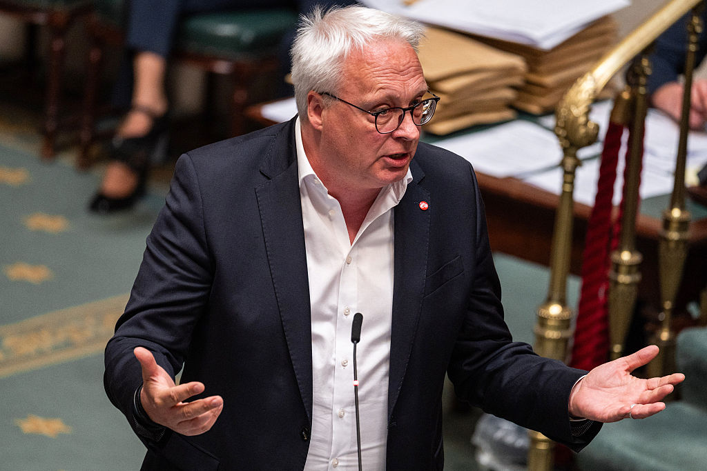 Belgian MP Peter Mertens delivers a speech during a plenary session of the Chamber at the Federal Parliament in Brussels.