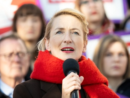 Ines Schwerdtner, cochair of Die Linke, speaks during the launch of a rent campaign.