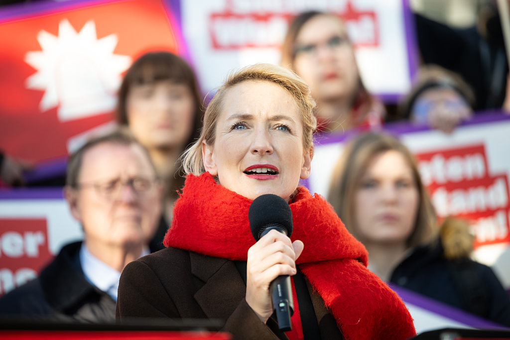 Ines Schwerdtner, cochair of Die Linke, speaks during the launch of a rent campaign.