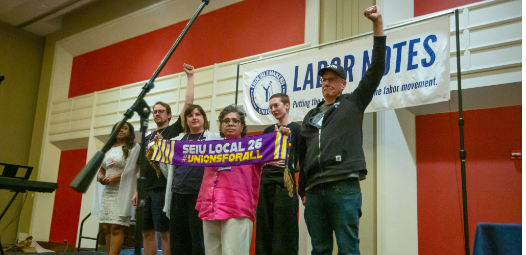 A delegation of workers from various unions and worker centers collectively accepted a Troublemakers Award on behalf of “the Twin Cities Workers Who Turned Back the ICE Surge” at this year’s Labor Notes Conference.