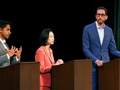 Candidates for San Francisco's Congressional District 11 seat, from left, Saikat Chakrabarti, Connie Chan, and Scott Wiener debate at the Sydney Goldstein Theater in San Francisco, on Tuesday, March 31, 2026.