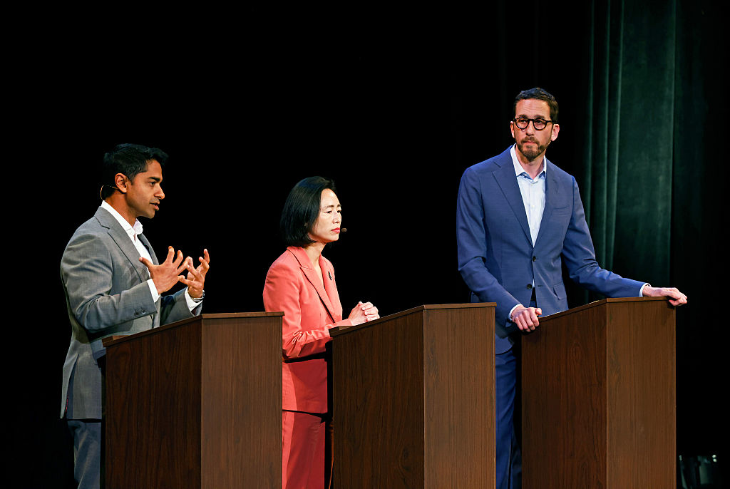 Candidates for San Francisco's Congressional District 11 seat, from left, Saikat Chakrabarti, Connie Chan, and Scott Wiener debate at the Sydney Goldstein Theater in San Francisco, on Tuesday, March 31, 2026.