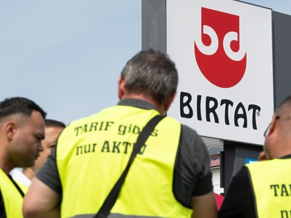Strikers stand in front of the Birtat factory in Baden-Württemberg, Murr, Germany, on August 6, 2025.