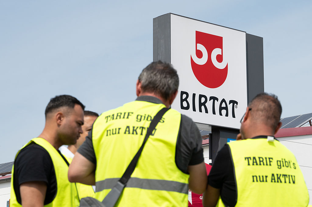 Strikers stand in front of the Birtat factory in Baden-Württemberg, Murr, Germany, on August 6, 2025. 