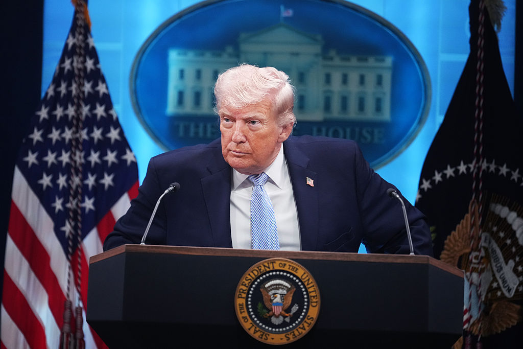 Donald Trump conducts a news conference about the war in Iran on April 6, 2026.